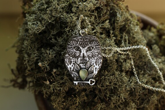 Owl Necklace - Northern Saw Whet Owl Pendant - Silver Prehnite Necklace - Key Pendant