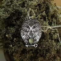Owl Necklace - Northern Saw Whet Owl Pendant - Silver Prehnite Necklace - Key Pendant