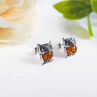 Mini Baltic Amber Owl Stud Earrings, Genuine Amber Owl Earrings, Silver and Amber Owl Studs,...