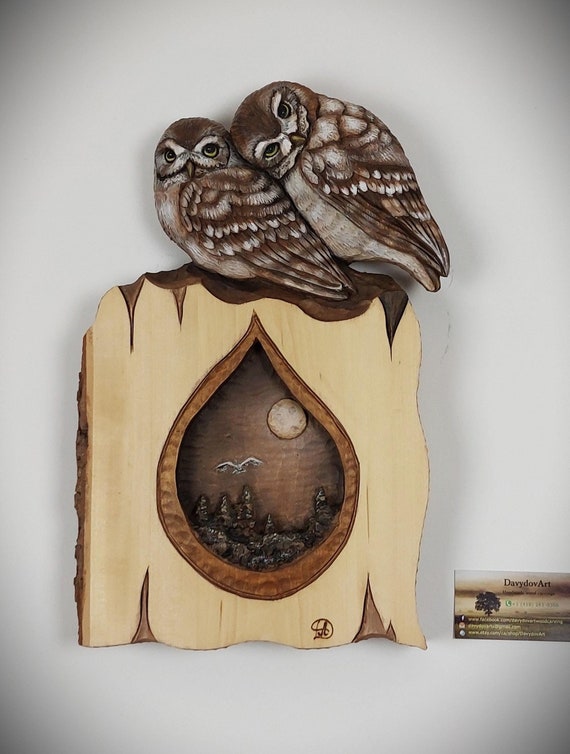 Couple d'Hiboux  sculptée sur bois, Chouettes  pour Amoureux, Sculpture Fait Main, Art Murale, Cadeau Symbolique pour Mariage, Noel ou autre
