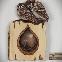Couple d'Hiboux  sculptée sur bois, Chouettes  pour Amoureux, Sculpture Fait Main...