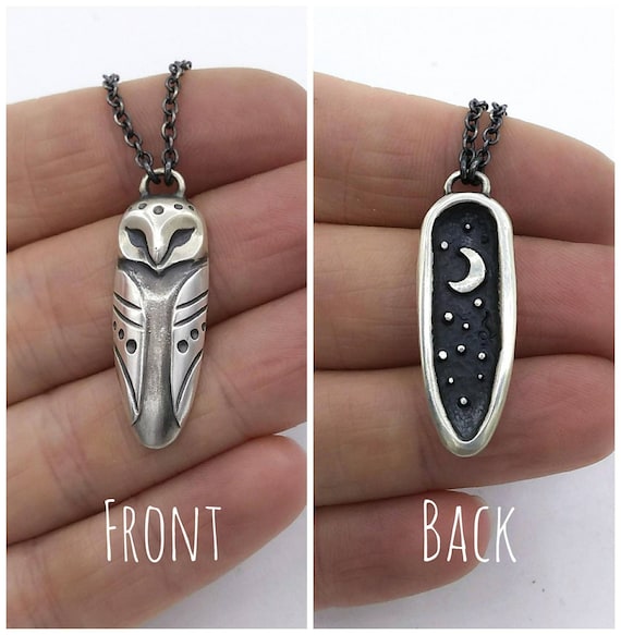 Sterling Silver Owl Pendant Double sided with moon and stars