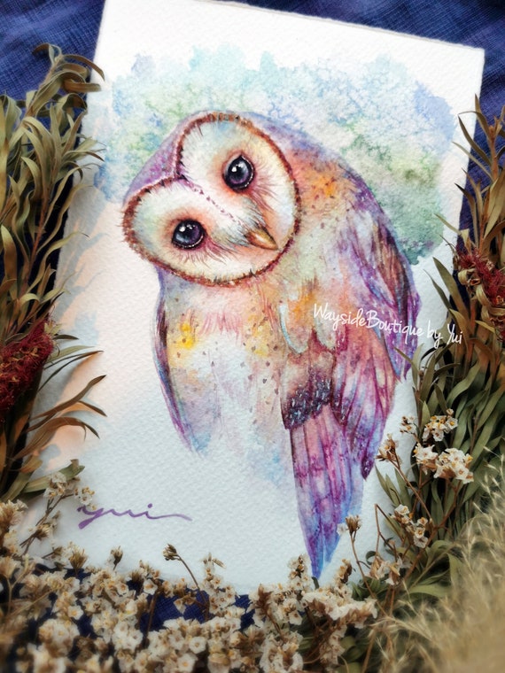 Owl - ORIGINAL watercolor painting 7.5x11 inches,Mystic Guardian Hand painted by Yui Chatkamol ,owl art,owl gift, fantasy,decor, wall art,