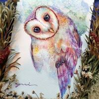 Owl - ORIGINAL watercolor painting 7.5x11 inches,Mystic Guardian Hand painted by Yui Chatkam...