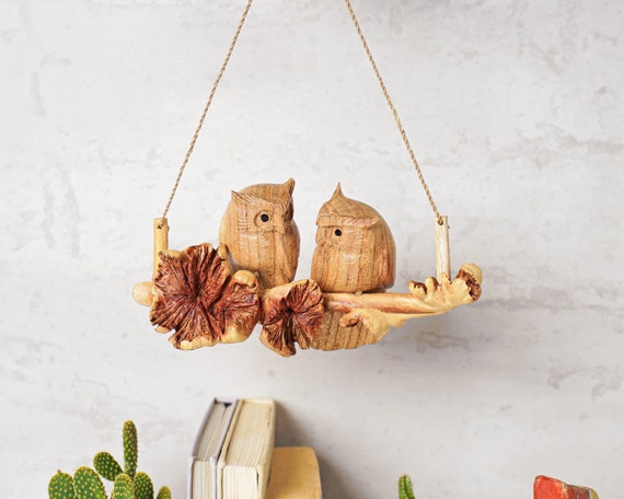 Hanging Wooden Owl, Wood Carving, Couple Figurine, Handmade, Bird Ornament, Nature, Patio Decor, Gift for Partner, Fall Decor, Christmas