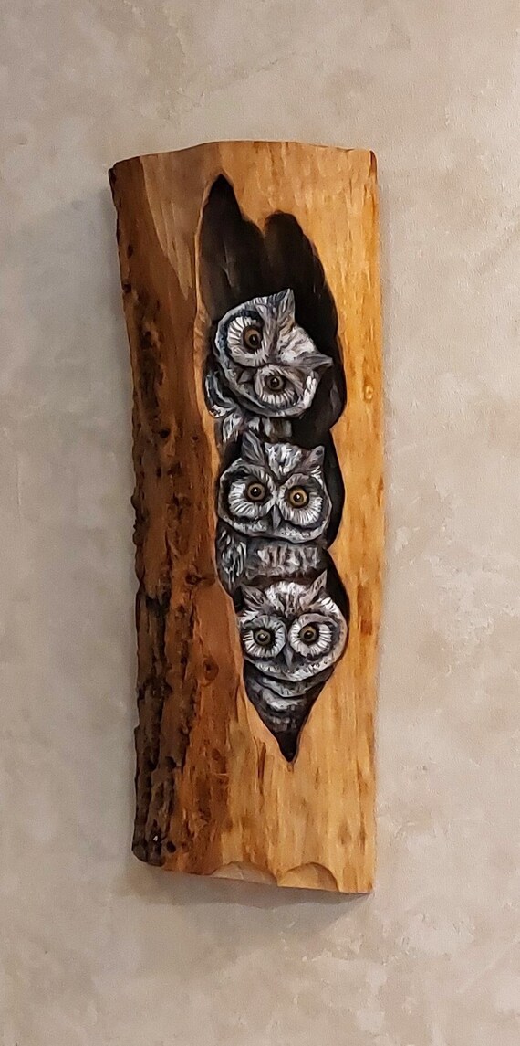 Wooden Carving of Owl Family Owls in Natural Bark