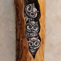 Wooden Carving of Grey Owls Family with Natural Bark, Handmade With Love Wall Art Decoration...