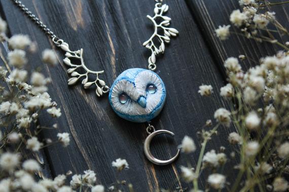 Blue Barn Owl Necklace, Barn Owl Charm Pendant