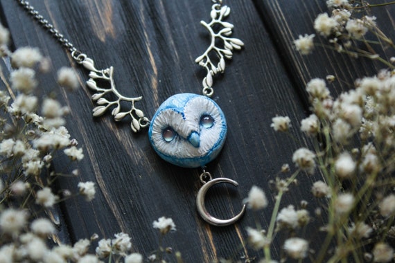 Blue Barn Owl Necklace, Barn Owl Charm, Bird Jewelry, Witchy Owl Pendant, Owl Spirit Charm