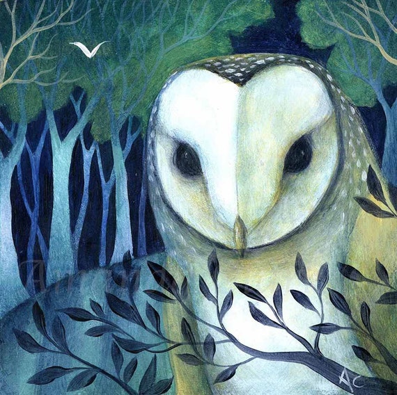 SALE!! Limited edition giclee print titled "Nocturnal Friends" by Amanda Clark - owl art, sparkle, miniature