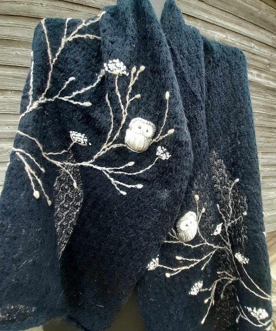 Knitted mohair scarf with embroidery owls,soft and casual Christmas gift for her,winter accessories with fairy embroidery,nature love.