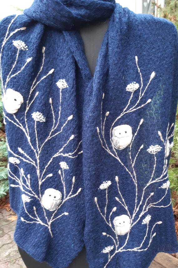 Knitted mohair scarf with embroidery owls,soft and casual Christmas gift for her,winter accessories with fairy embroidery,nature love.