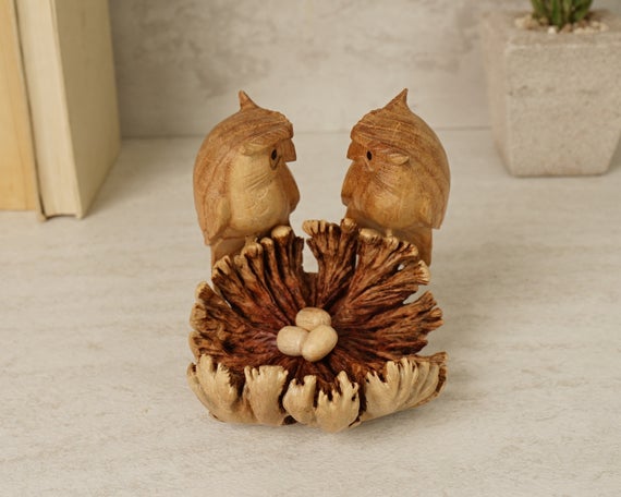 Wooden Owls on Nest Carving, Sculpture, Figurine