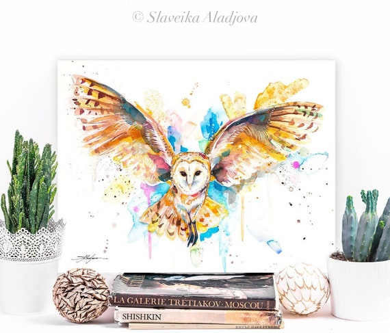 Barn owl in flight watercolor painting print by Slaveika Aladjova, art, animal, illustration, bird, home decor, wall art, gift, portrait,