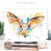 Barn owl in flight watercolor painting print by Slaveika Aladjova, art, animal, illustration...