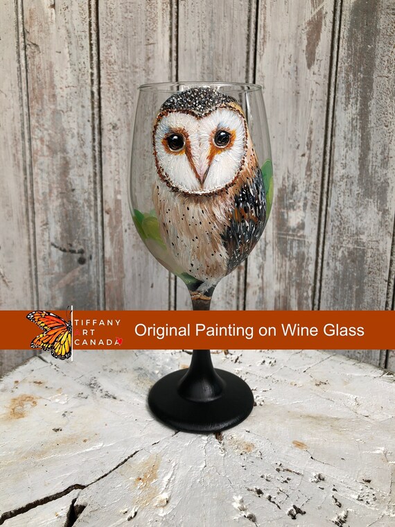 Hand painted Barn Owl wine glass