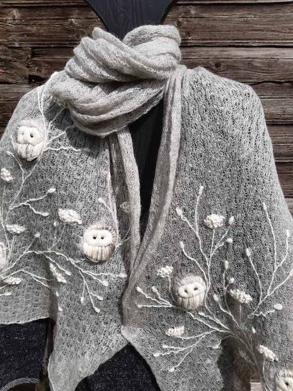 Embroidered mohair scarf with owls,soft and casual winter accessories,lovely Christmas gift for her,embroidered ECO friendly scarf,