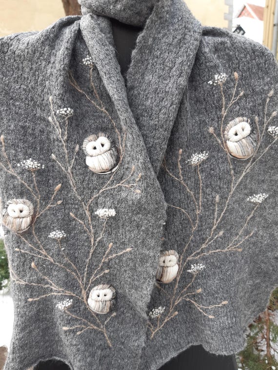 Embroidered mohair scarf with owls,soft and casual winter accessories,lovely Christmas gift for her,embroidered ECO friendly scarf,