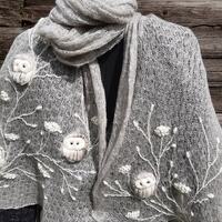Embroidered mohair scarf with owls,soft and casual winter accessories,lovely Christmas gift ...