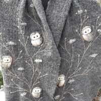 Embroidered mohair scarf with owls,soft and casual winter accessories,lovely Christmas gift ...