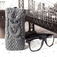 Gray Owl Glass Case, Hand Knit Reading Glasses Case, Knitted Eyeglasses Case, Owl Eyeglasses...