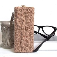 Brown Owl Glass Case, Hand Knit Reading Glasses Case, Knitted Eyeglasses Case, Owl Eyeglasse...