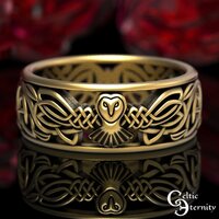 Gold Owl Wedding Band, Vine Knotwork Celtic Owl Ring