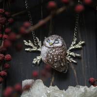 Boreal Owl With Juniper Necklace, Owl Pendant Charm