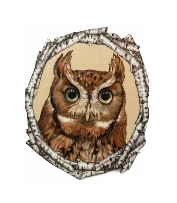 Screech Owl Brooch, Whimsical Wooden Nature Pin