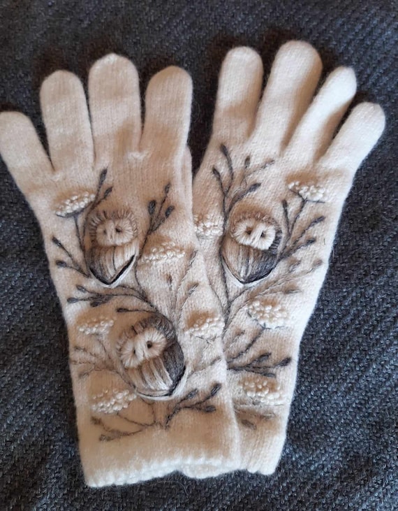 Knitted and felted winter gloves with embroidery owls