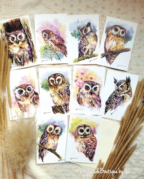Greeting owl set 10 cards - print from watercolor painting 4 x6”