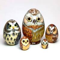 Owls Family Nesting Egg 5 pcs 11 cm/4,3'' Cute Owls Home Room Decor, Wooden Animal B...