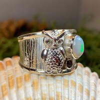 Owl Ring, Celtic Opal Ring, Larimar Ring, Owl Ring, Wide Band Ring, Boho Statement Ring, Ann...