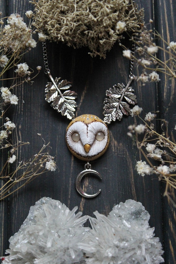 Barn Owl With leaves and moon Necklace