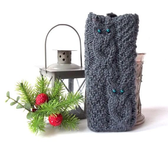 Gray Owl Hand Knit Glasses Case