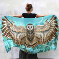 Owl Shawl, Beach Pareo, Digital Printed Shawl, Festival Wrap, Women Printed Shawl, Silk Shaw...
