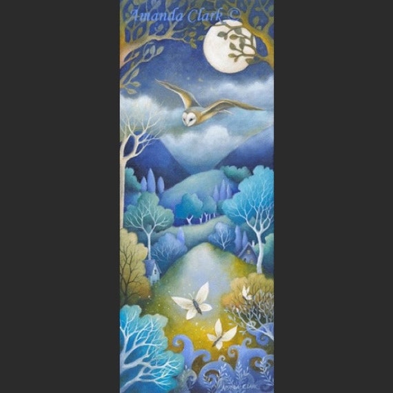 Limited edition giclee print titled "Full Moon Flight" by Amanda Clark - fairytale art print, landscape artwork, owl art print, dreamy art
