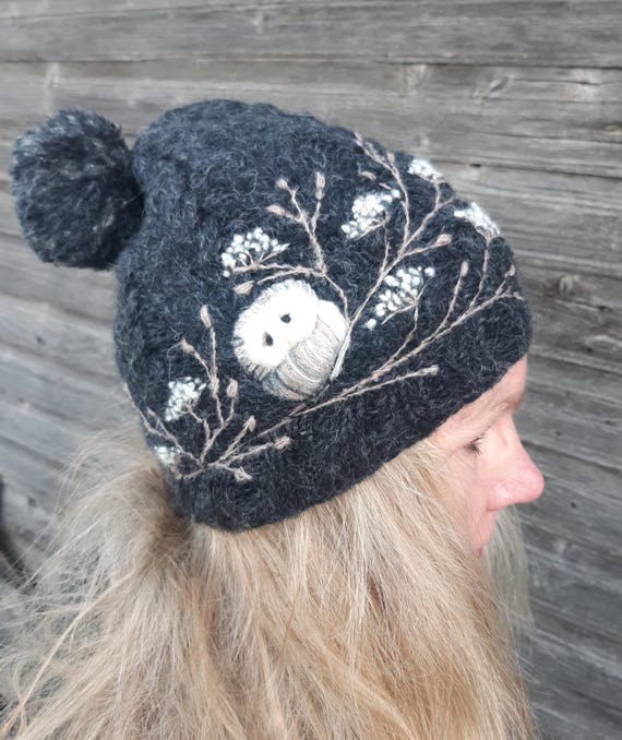 Knitted merino wool hat for women,winter accessories,winter hat with embroidery owl,soft and casual Christmas gift for her.