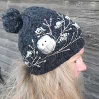 Knitted merino wool hat for women,winter accessories,winter hat with embroidery owl,soft and...