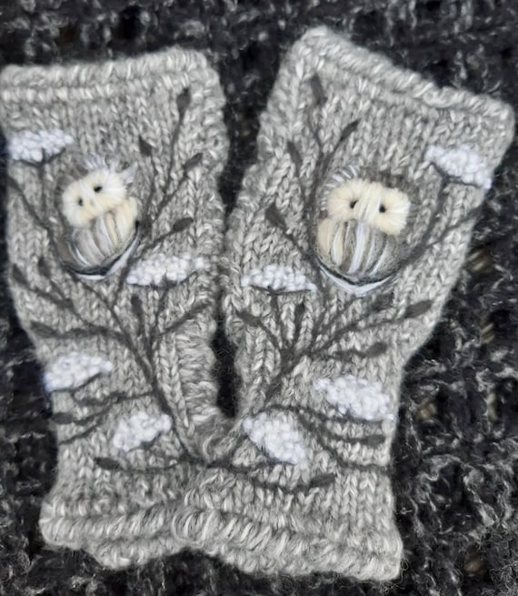 Hand knitted fingerless mittens with embroidery owls