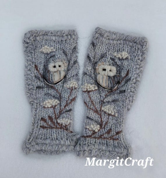 Hand knitted fingerless mittens with embroidery owl,winter accessories,casual and lovely Valentine's Day gift,gift for her,wool arm warmers.