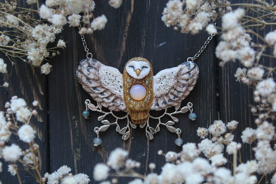 Barn Owl Opalite Necklace: Polymer Clay Bird Pendant