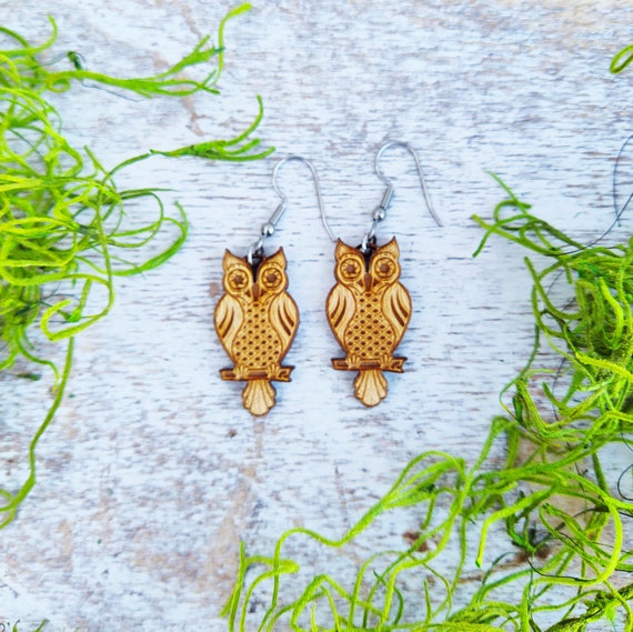 Horned Owl Laser Engraved Wood Earrings / Laser Cut Dangle Earrings