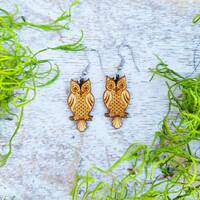 Horned Owl Laser Engraved Wood Earrings / Laser Cut Dangle Ear...