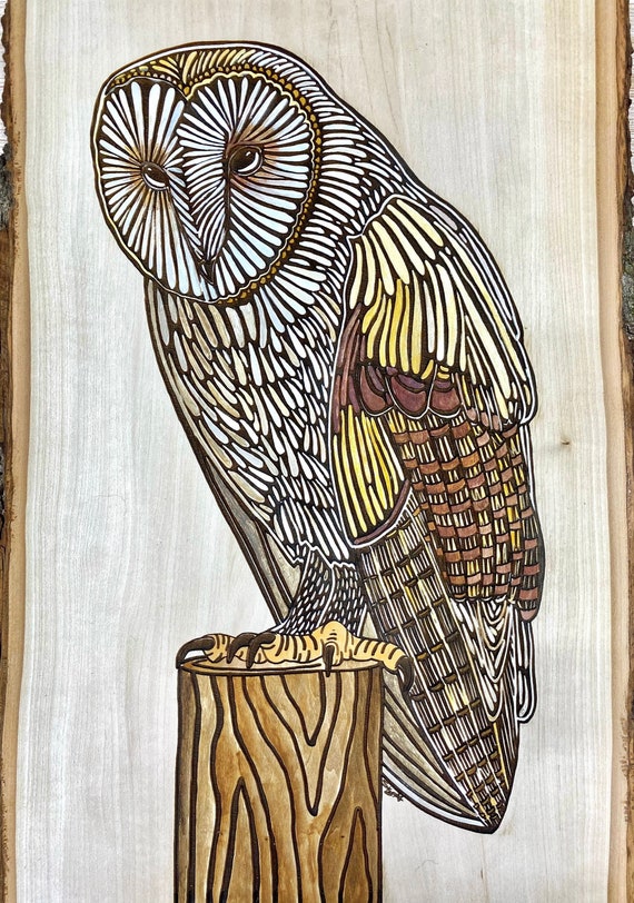 Owl art wood slice stylized owl art