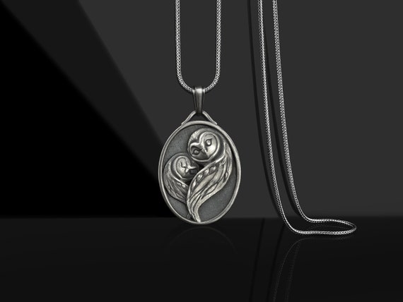 Abstract Owl Duo Silver Oval Pendant Necklace