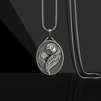 Abstract Owl Duo Silver Oval Pendant Necklace, Owl Ornament, Customizable Necklace, Engraved...