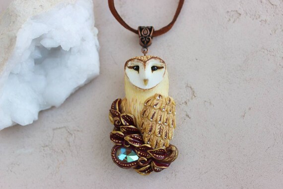 Barn owl pendant Bird necklace Handmade owls jewelry for women Owl and glass crystal Best owl gift Magic amulet for a woman Witch Ornament