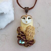 Barn owl pendant Bird necklace Handmade owls jewelry for women Owl and glass crystal Best ow...