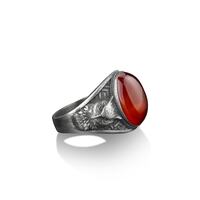 925 sterling silver owl and the stripes engraved red agate ring for men, Nocturnal bird sign...